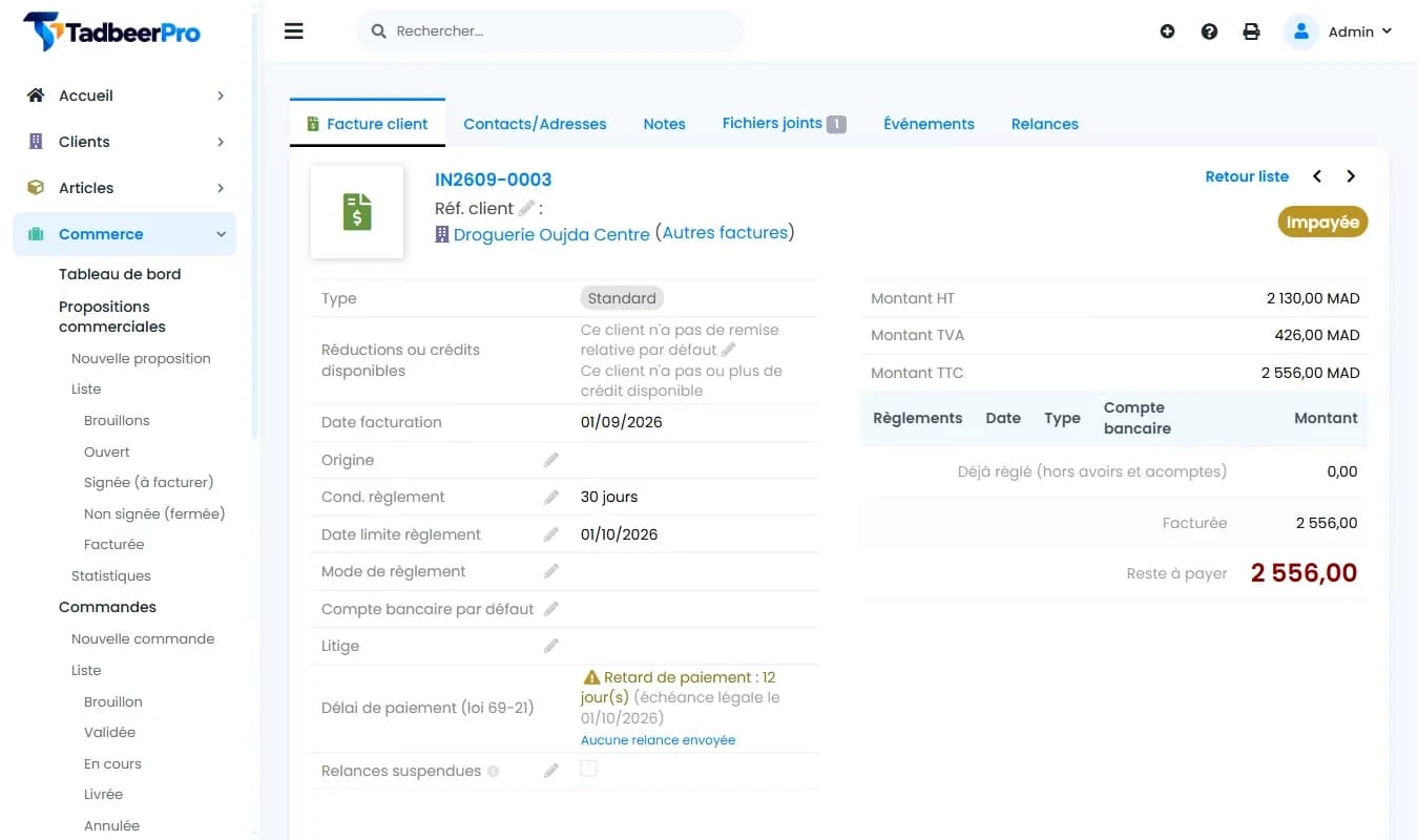 Fiche d'une facture dans TadbeerPro