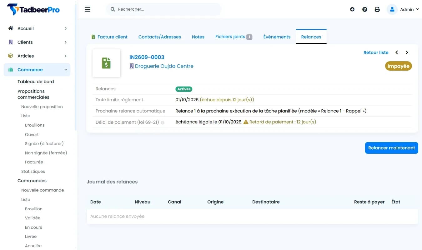 Suivi des relances d'une facture dans TadbeerPro